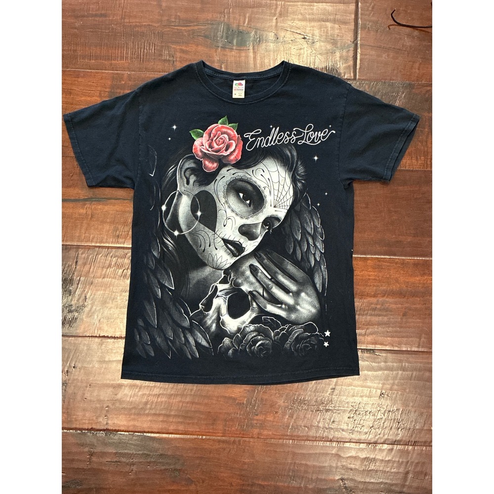 Fruit of the Loom 'Endless Love' Graphic Tee Mens Size M Black Sugar Skull Rose